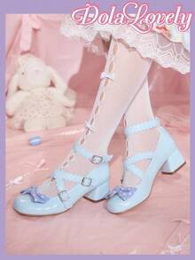 Dola Lovely 女士蝴蝶结玛丽珍鞋，圆头扣带粗跟浅口鞋，时尚百搭白色鞋子 - 淺藍色 - 查看 5