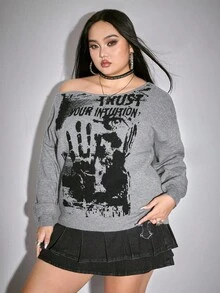 ROMWE Grunge Punk 大码女式韩流斜肩复古音乐节派对骷髅扎染印花宽松大码毛衣/冬季 - 灰色 - 查看 5