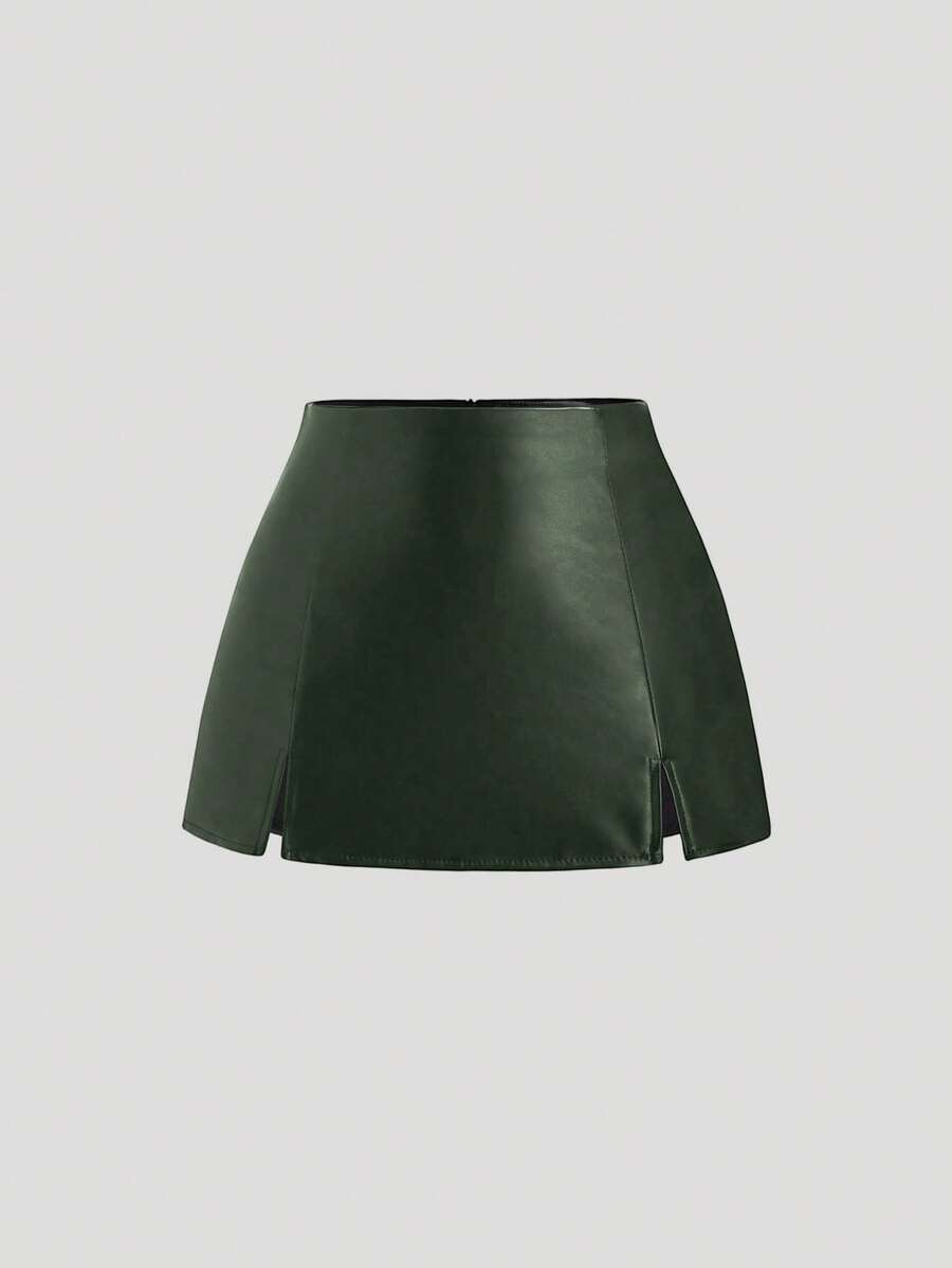 Sweetra Sexy Low-Waist Chic PU Leather Slit Mini Skirt, Spring/Summer - Green - View 1