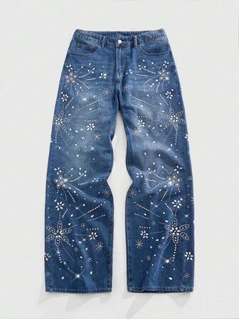 Street Life Jeans amples et décontractés pour hommes avec poche à fleurs et strass