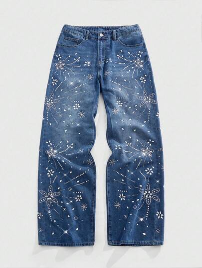Street Life Jeans amples et décontractés pour hommes avec poche à fleurs et strass