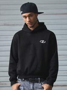 AXEPEAK 男士几何印花长袖休闲宽松连帽运动衫，秋季，秋冬 - 黑色 - 查看 3