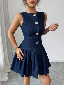 女士牛仔连衣裙金属纽扣装饰不规则门襟褶皱连衣裙蓝色连衣裙女士金属纽扣半门襟圆领无袖褶皱下摆时尚牛仔连衣裙 Y2k 服装街头服饰女士女士牛仔装西式连衣裙 Y2k 女士服装生日女士服装蓝色女士连衣裙西式连衣裙西方女士连衣裙迷你连衣裙 - 深色水洗藍 - 查看 5