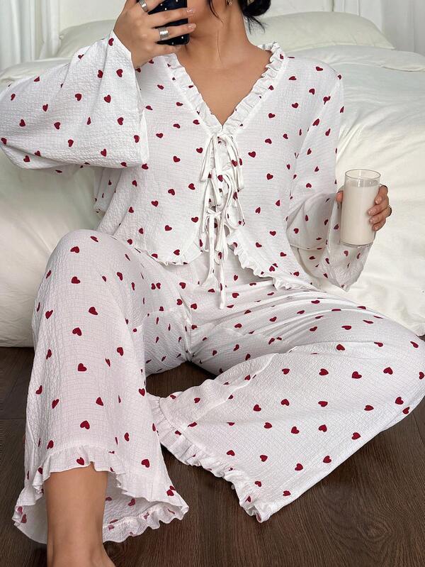 Dream Adore Plus Size Romantic Allover Heart Print Ruffle Bowknot Sleepwear Set, Fall Clothes White Heart Print Pajama Set Heart Pajama Set