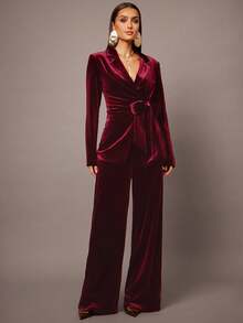 Silquee Completo da donna in tinta unita con colletto a revers, manica lunga, adatto per laurea, matrimonio, appuntamento, banchetto, festa, riunione di sorelle, ballo. Colore bordeaux, adatto per autunno e inverno. - Bordò - Visualizzare 5