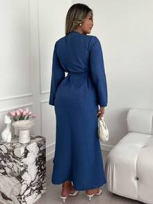 Xyvia 2pcs Women Elegant V-Neck Long Sleeve T-Shirt And Wide Leg Pants Set, Asymmetric Hem Two Pieces Outfit, Autumn/Winter - Blue - View 2