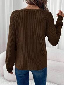 SHEIN LUNE Women's Crew Neck Lace Patchwork Decor Button Waffle Texture Casual Long Sleeve T-Shirt - Coffee Brown - View 2