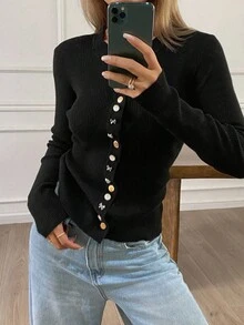 Livesso Cardigan francez cu un singur nasture pentru femei, toamnă - Negru - Vizualizare 3