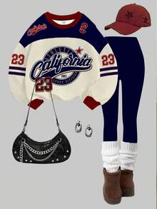 SHEIN 2pcs/Set Teen Girls Casual Retro American Style Letter & Number Badge Graphic Crew Neck Long Sleeve Sweatshirt And Leggings, Sporty College Style, Suitable For Autumn/Winter Fall - Multicolor - View 2