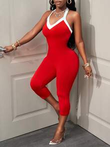 SHEIN PETITE Contrast Trim Halter Backless Sleeveless Bodysuit - Red - View 4