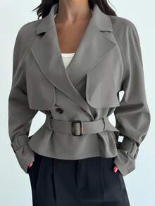 Firerie 女式新款卡其色腰带风衣，带口袋，秋冬女装 - 灰色 - 查看 1