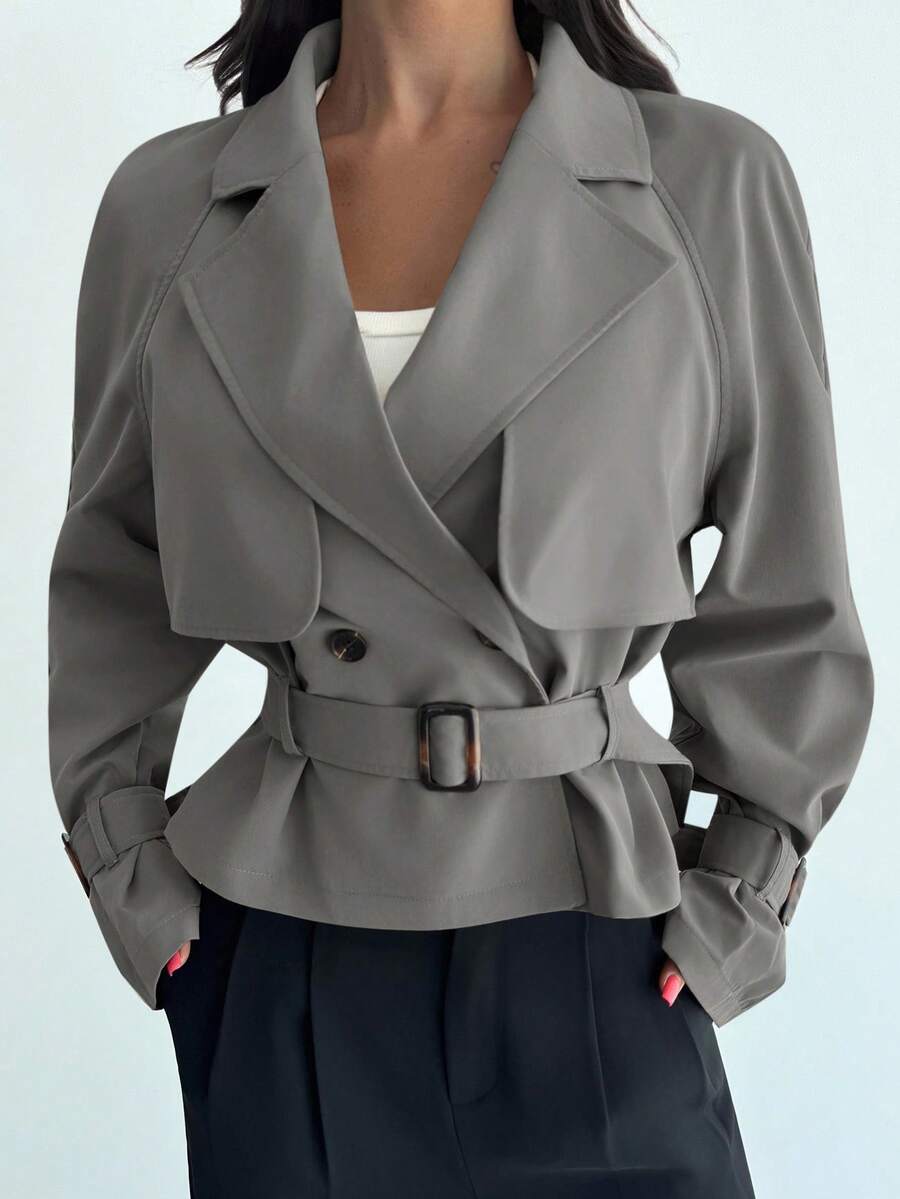 Firerie 女式新款卡其色腰带风衣，带口袋，秋冬女装 - 灰色 - 查看 1