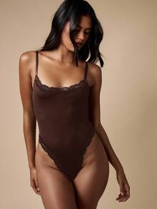 MISSGUIDED Luxury Seamless Bodysuit Lingerie With Floral Lace Trim High Cut One Piece Shapewear Thong Back Bodysuit Adjustable Straps Evening Wear - Brown - View 4