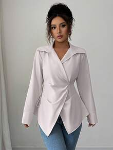 Elenzga Áo sơ mi dài tay bó eo màu trơn thanh lịch dành cho nữ, mùa thu - Màu be - Xem 3