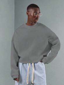 SUMWON 短款超大徽标字母印花圆领运动衫经典街头套头衫都市时尚宣言设计秋冬长袖休闲运动衫 - 淺灰色 - 查看 3