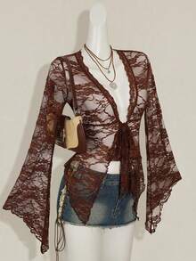 SHEIN ICON Y2k Women's Western Country Concert Boho Hippie Goth Sheer Brown Sexy Lace Twist Front Long Sleeve Cardigan - Brown - View 5