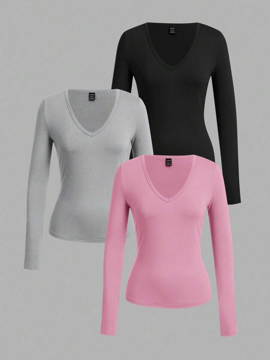 SHEIN EZwear 3 件套女士深 V 领修身休闲长袖打底 T 恤套装,适合秋冬季 - 彩色 - 查看 1