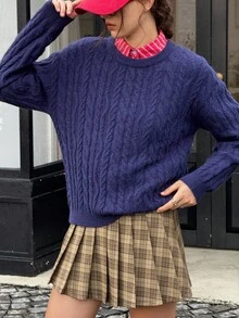 INAWLY Casual Solid Color Round Neck Long Sleeve Versatile Women Sweater - Navy Blue - View 3