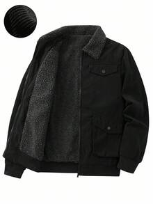 Manfinity Homme Men's Casual Solid Color Fleece Long Sleeve Jacket, Autumn/Winter, Perfect Holiday Gift For Boyfriend & Husband, Corduroy, Grunge