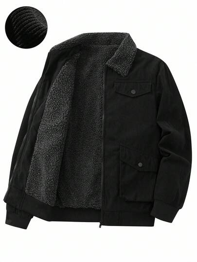 Manfinity Homme Men's Casual Solid Color Fleece Long Sleeve Jacket, Autumn/Winter, Perfect Holiday Gift For Boyfriend & Husband, Corduroy, Grunge