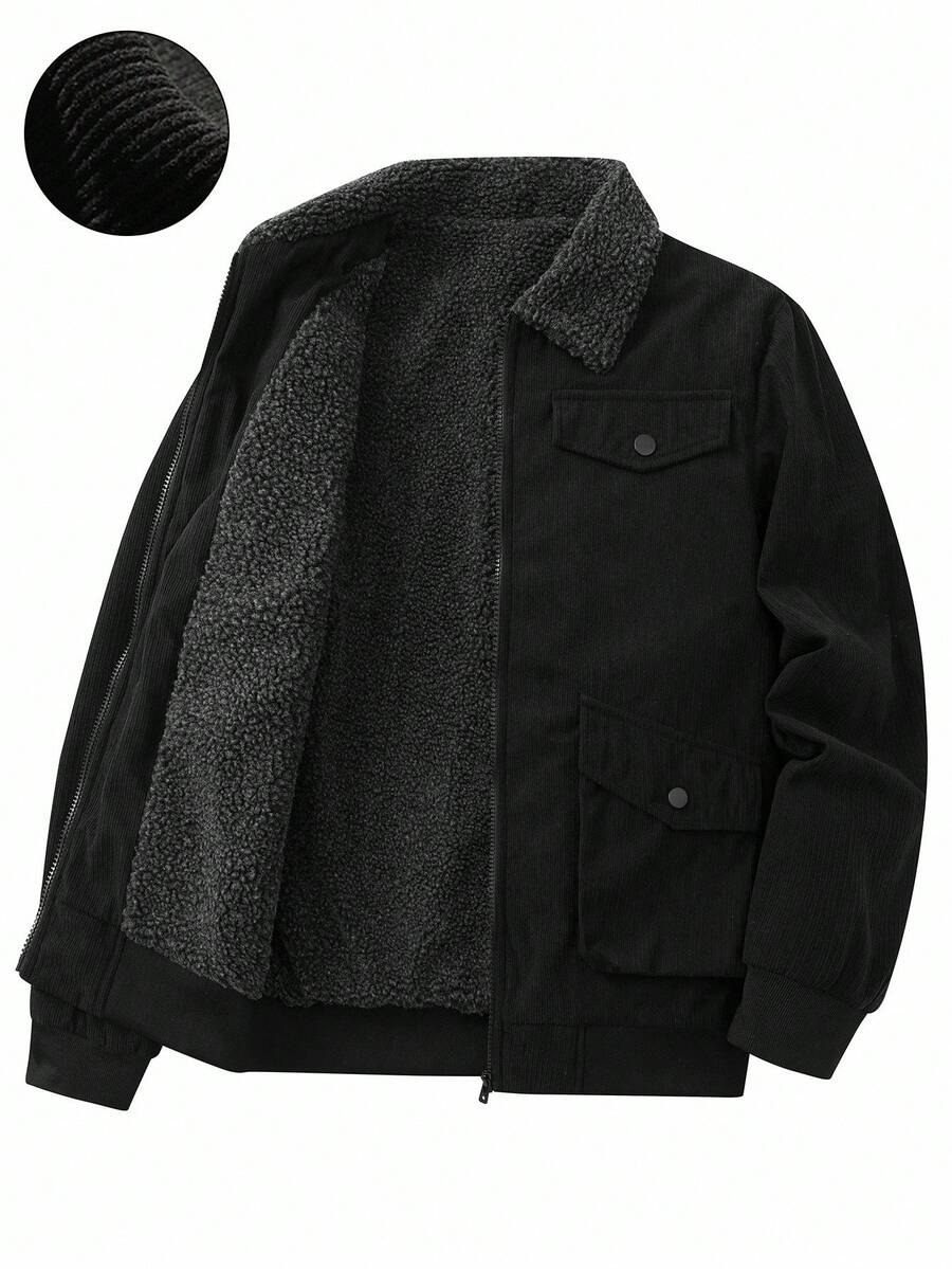 Manfinity Homme Men's Casual Solid Color Fleece Long Sleeve Jacket, Autumn/Winter, Perfect Holiday Gift For Boyfriend & Husband, Corduroy, Grunge