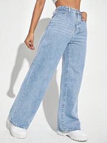 SHEIN ICON Plus Size Solid Color Pocket Design Casual Fashion Denim Pants - Blue - View 3