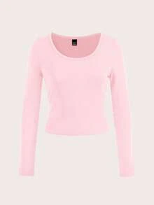 CovetEZ Light Pink Women's Casual Minimalist Crew Neck Raglan Sleeve Fitted Long Sleeve Base Layer T-Shirt, Suitable For Autumn/Winter - Baby Pink - View 2