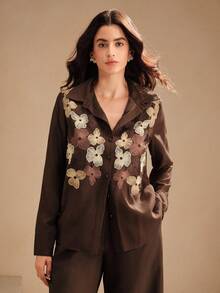 Anewsta 女士新款长袖米色刺绣衬衫，优雅上衣，适合秋季、秋季、外出、正式、派对、时尚、新年、圣诞节、工作、毕业、婚礼 - 棕色 - 查看 5