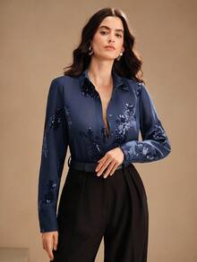 Anewsta Áo sơ mi nữ dáng rộng thêu hoa hồng thanh lịch kiểu Pháp - Màu xanh hải quân - Xem 5