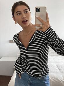 Livesso Long Sleeve Striped Printed Single Breasted Casual T-Shirt,Fall Clothes Preppy Tops - Black and White - View 6