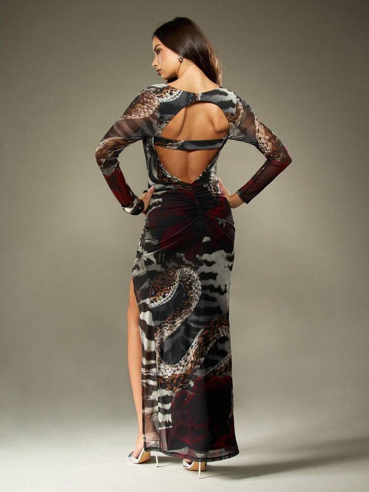 MISSGUIDED Robe de soirée longue à manches longues, imprimé serpent, dos ouvert, fente latérale haute, découpe à la taille, ceinture turque ornée, tenue de soirée et de club, mode automne-hiver