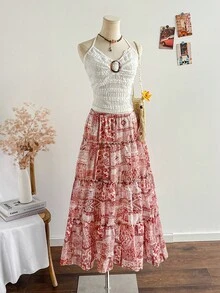 Soleia Women's Allover Print Ruffle Hem Casual Vacation Skirt Bohemian Skirt Long Summer Skirt Long Floral Skirt Tiered Maxi Skirt