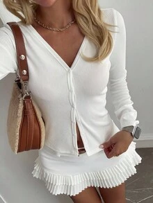 Livesso Women's Solid Color Minimalist Long Sleeve V-Neck Fitted T-Shirt, Suitable For Everyday Wear In Autumn All White 2 Piece Set - White - View 6