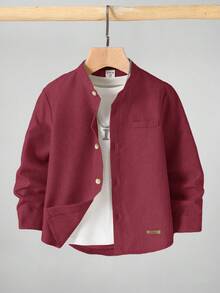 儿童男孩休闲立领纽扣衬衫，卡其色衬衫，基本款上衣，返校季，适合花园、海滩、生日 - 紅色 - 查看 1