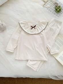 SHEIN Spring/Autumn New Korean Style Sweet Young Girls Set, Floral Trim Round Neck Long Sleeve Top + Slim Fit 2 Pieces Comfortable Casual Outfit Fall Winter - Apricot - View 3