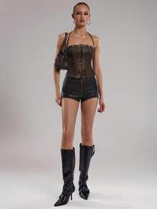 SHEIN BAE Summer Road Party Club Queue Music Festival Concert Fashionable Street Wear Sexy Brown Solid Color Vintage Washed Faux Leather Metal Criss-Cross Halter Neck Top For Women,Brown Top