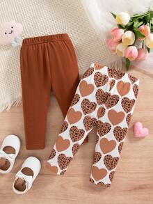 SHEIN 2 件套女婴休闲日常可爱心形豹纹印花裤，春夏季 - 彩色 - 查看 1