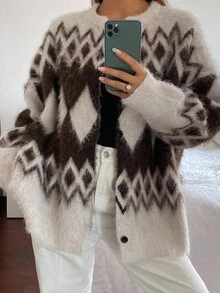 Livesso 女士宽松商务休闲几何图案撞色加厚针织开衫，适合秋冬季办公室穿着，新年、圣诞节等场合。 - 棕色 - 查看 4