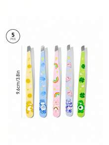 SHEIN X Care Bears 5 件套卡通图案印花镊子套装，高精度不锈钢眉毛镊子，适用于面部毛发、内生毛发和碎屑去除器套装，男女通用，欢呼熊、熊、好运熊、分享熊、趣味熊 - 彩色 - 查看 6