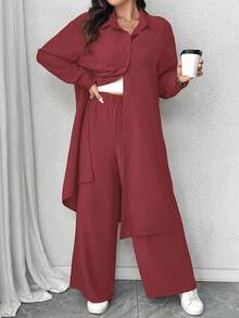 Elenzga 加大码褶皱纹理面料领长袖长衬衫和宽松直筒裤两件套休闲装 - 紅木色 - 查看 6