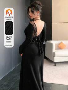 DAZY Rochie elegantă cu curea și fundă nouă pentru femei, potrivită pentru ocazii formale în toamnă și iarnă, rochie de vară maxi - Negru - Vizualizare 1
