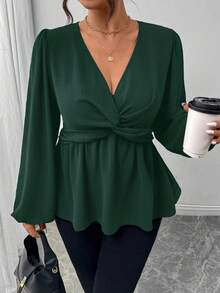 Firerie 大码休闲扭纹下摆长袖衬衫，绿色 - 墨綠色 - 查看 5