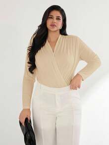 SHEIN Privé Plus Size Women Elegant Ruched Shoulder Casual Bodysuit, Slim Fit Long Sleeve, Suitable For Commuting And Outdoor Wear, Autumn/Winter