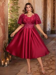 Aureia Plus Size Elegant Romantic Red Satin Asymmetrical Ruched Sweetheart Neck Puff Sleeve High Waist Luxury Applique Decor Extra-Large Dress Suitable For Evening Party, Singles Party, Date, Graduation, Formal Dance