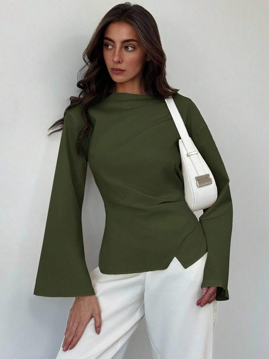 Aloruh Boat Neck Flared Sleeve Cropped Ruched Office Wear Women's Apricot Blouse - Army Green - View 1