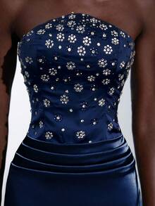 Elitara Elegant Handmade Rhinestone Embellished Strapless Mermaid Tail Dress With Ruched Waist,Perfect For Weddings,Formal Events,Galas,Dates And Vacations - Navy Blue - View 1