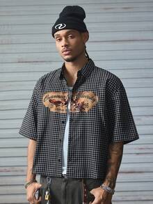 AXEPEAK 休闲街头时尚复古格子印花男士短袖衬衫 - 黑色 - 查看 4