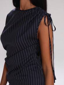 MUSERA 细条纹褶皱领带细节短袖修身长款上衣，可爱秋季休闲工作教师街头风运动工作服商务跑优雅派对春夏假日 - 藏蓝色 - 查看 2