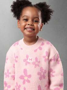 SUMWON Robe pull en tricot à imprimé floral d'hiver pour filles, manches longues, confortable et chaud, pour les fêtes, les occasions spéciales, avec patch papillon rose - Rose pâle - Voir 3