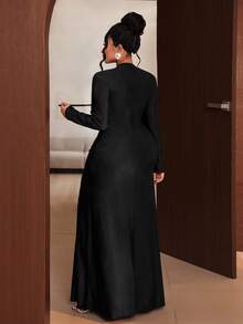 Maweii 大码女士黑色不对称领口扭结开衩性感正式连衣裙，春秋季 - 黑色 - 查看 2